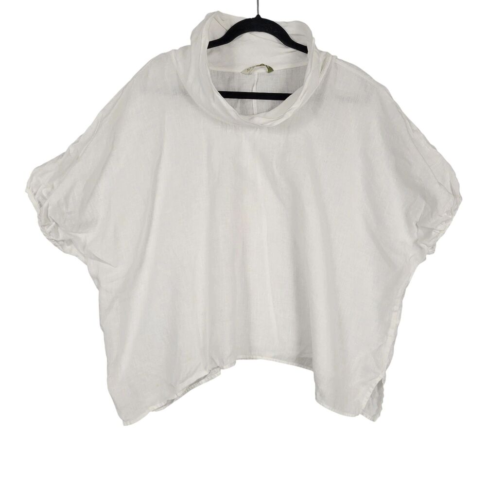 CHALET ET CECI White Linen Oversized Boxy Mock Neck Top Lagenlook SIZE MEDIUM